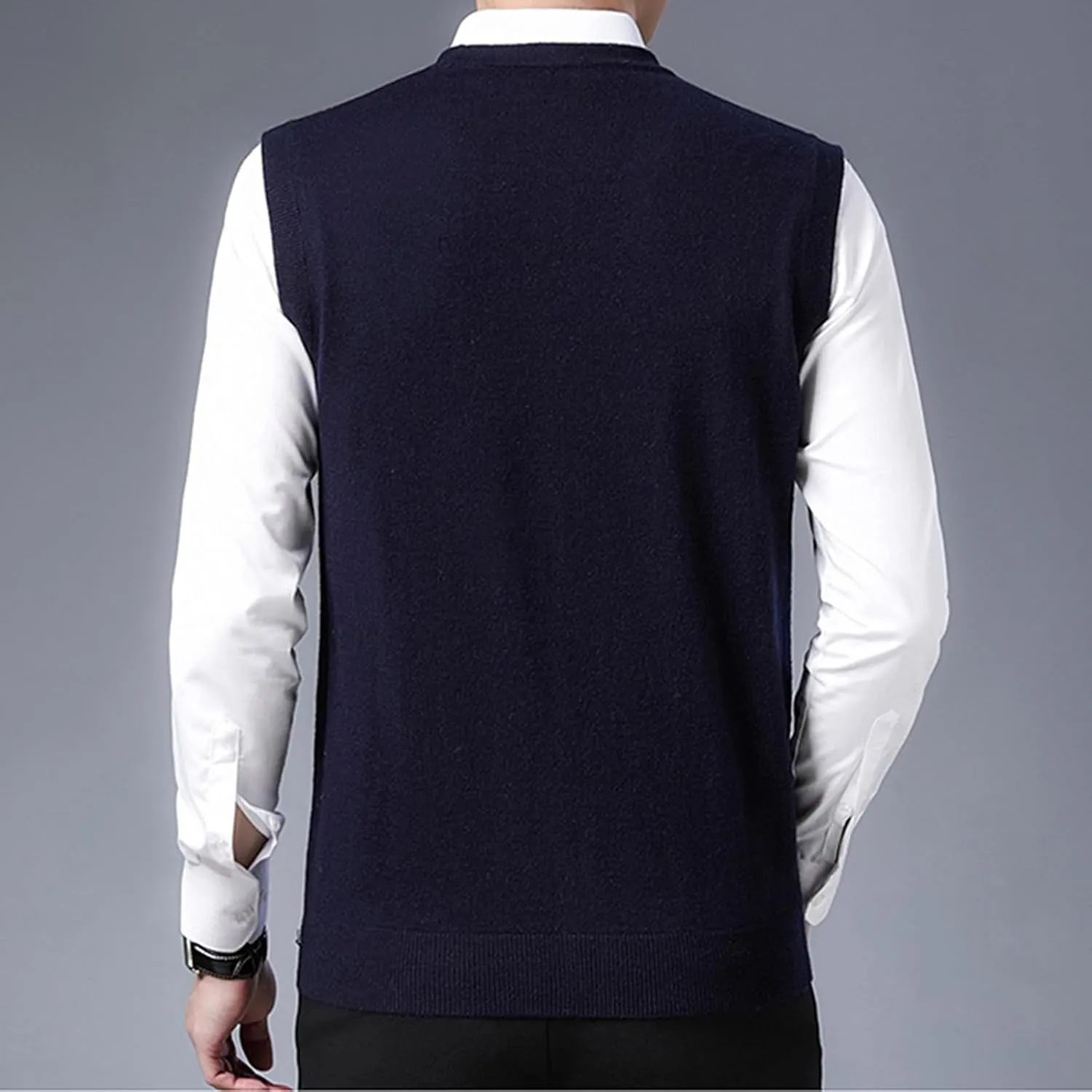 Mens V-Neck Knitted Sweater Vest 100% Wool Sleeveless Button Down Cardigan Vest with Pocket