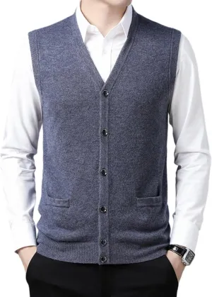 Mens V-Neck Knitted Sweater Vest 100% Wool Sleeveless Button Down Cardigan Vest with Pocket