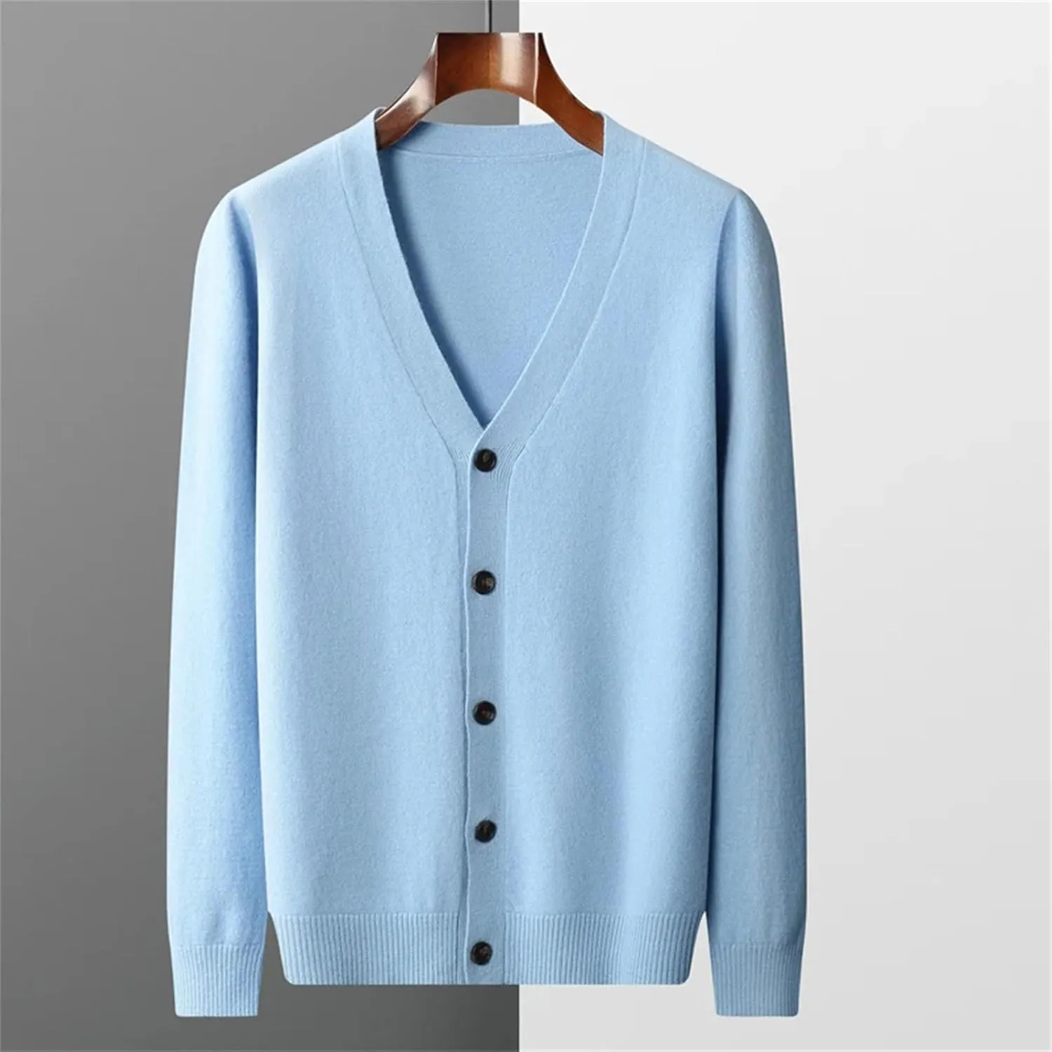 Men's V-Neck Wool Sweater Coat Solid Business Long Sleeve Button Down Knit Bottoming Cardigan Coat