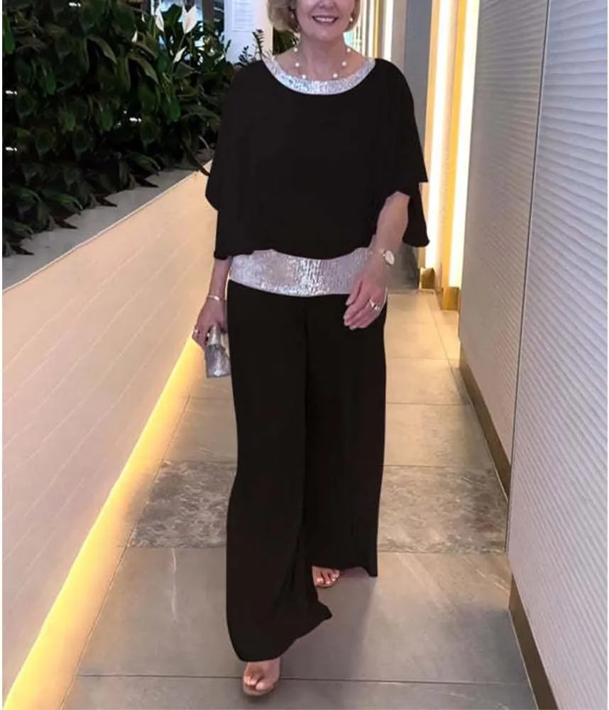 Mother of The Bride Pant Suits Sequin Chiffon 3/4 Sleeve Blouse Wide Leg Pants Suit Wedding Guest Outfit for Women