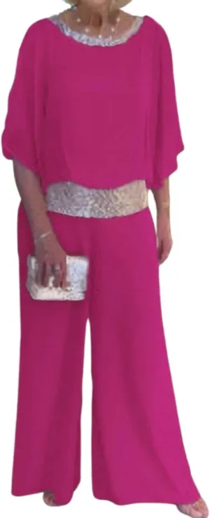 Mother of The Bride Pant Suits Sequin Chiffon 3/4 Sleeve Blouse Wide Leg Pants Suit Wedding Guest Outfit for Women