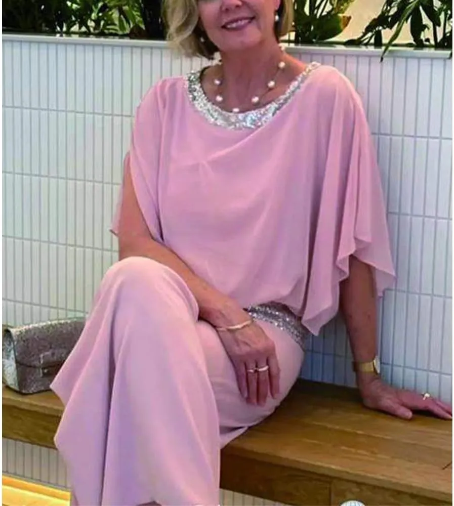Mother of The Bride Pant Suits Sequin Chiffon 3/4 Sleeve Blouse Wide Leg Pants Suit Wedding Guest Outfit for Women