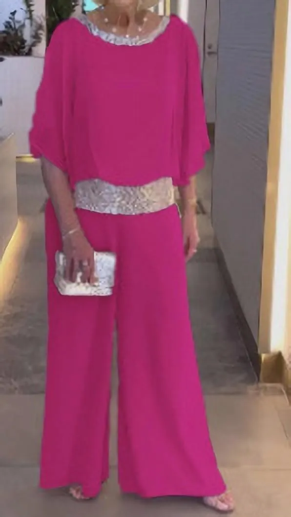 Mother of The Bride Pant Suits Sequin Chiffon 3/4 Sleeve Blouse Wide Leg Pants Suit Wedding Guest Outfit for Women