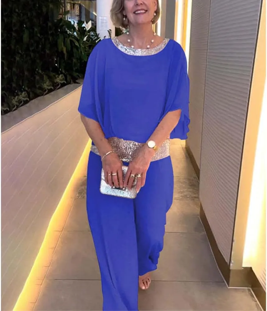 Mother of The Bride Pant Suits Sequin Chiffon 3/4 Sleeve Blouse Wide Leg Pants Suit Wedding Guest Outfit for Women