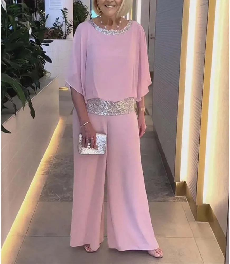 Mother of The Bride Pant Suits Sequin Chiffon 3/4 Sleeve Blouse Wide Leg Pants Suit Wedding Guest Outfit for Women