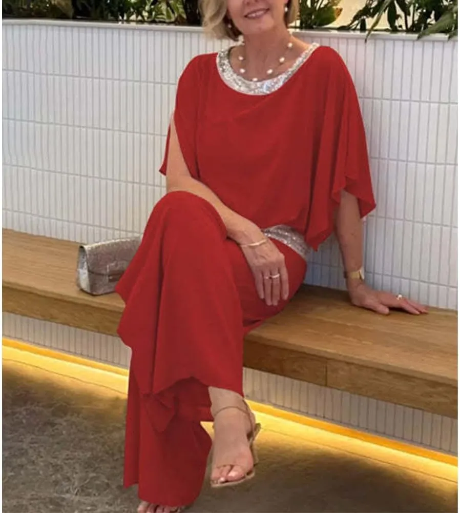 Mother of The Bride Pant Suits Sequin Chiffon 3/4 Sleeve Blouse Wide Leg Pants Suit Wedding Guest Outfit for Women