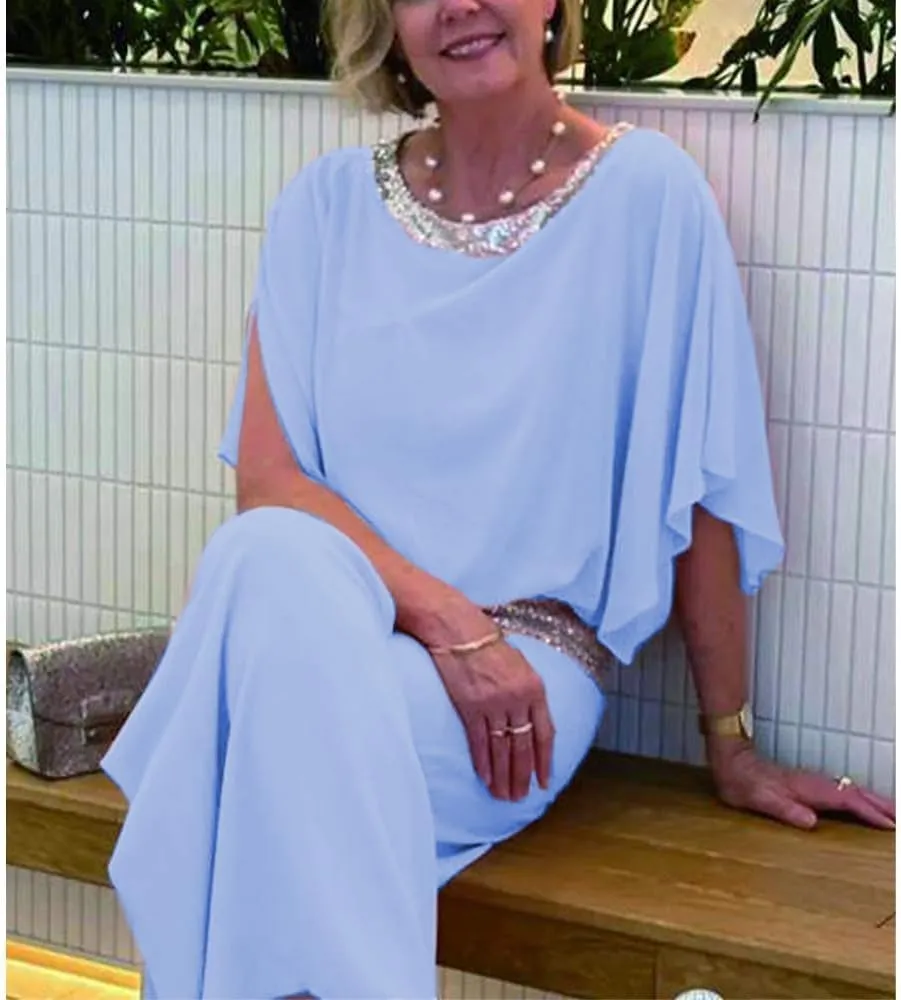 Mother of The Bride Pant Suits Sequin Chiffon 3/4 Sleeve Blouse Wide Leg Pants Suit Wedding Guest Outfit for Women
