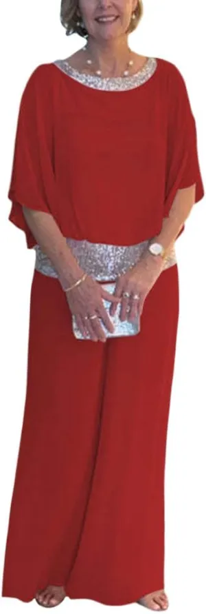Mother of The Bride Pant Suits Sequin Chiffon 3/4 Sleeve Blouse Wide Leg Pants Suit Wedding Guest Outfit for Women