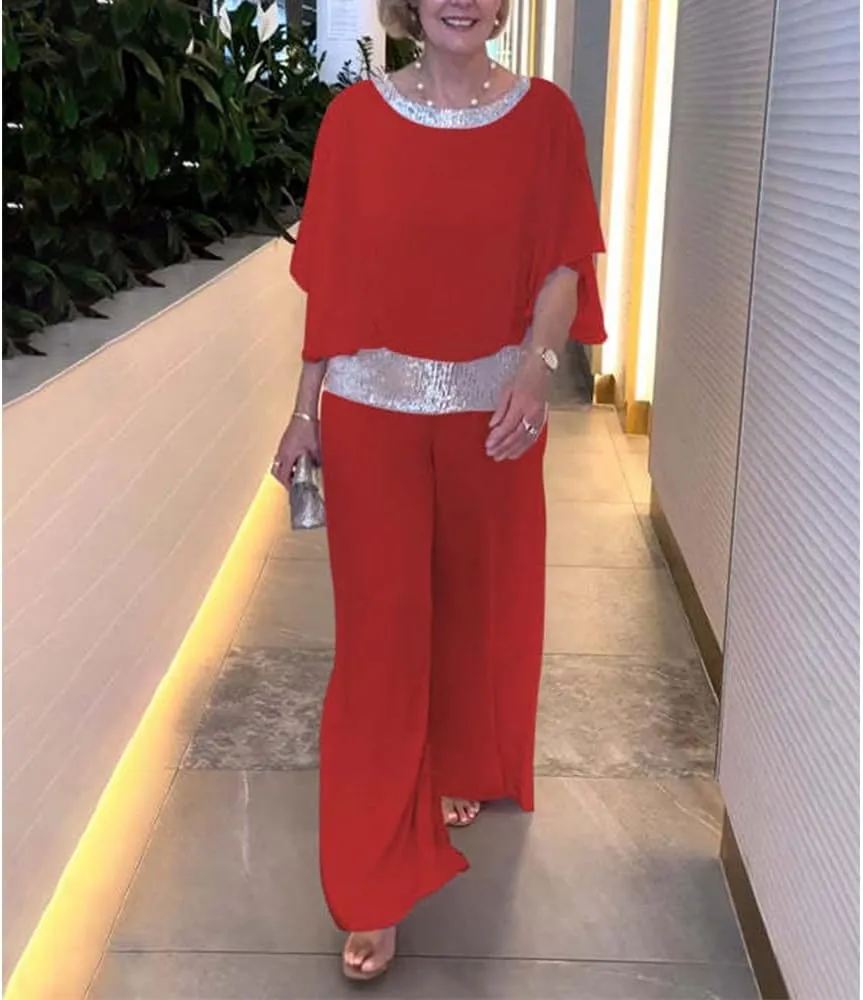 Mother of The Bride Pant Suits Sequin Chiffon 3/4 Sleeve Blouse Wide Leg Pants Suit Wedding Guest Outfit for Women