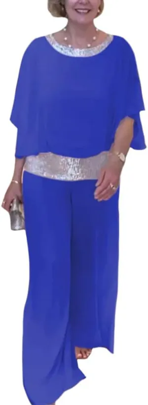 Mother of The Bride Pant Suits Sequin Chiffon 3/4 Sleeve Blouse Wide Leg Pants Suit Wedding Guest Outfit for Women