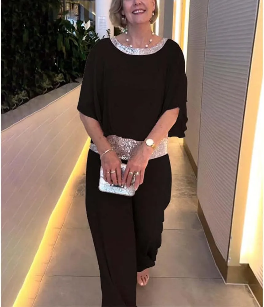 Mother of The Bride Pant Suits Sequin Chiffon 3/4 Sleeve Blouse Wide Leg Pants Suit Wedding Guest Outfit for Women
