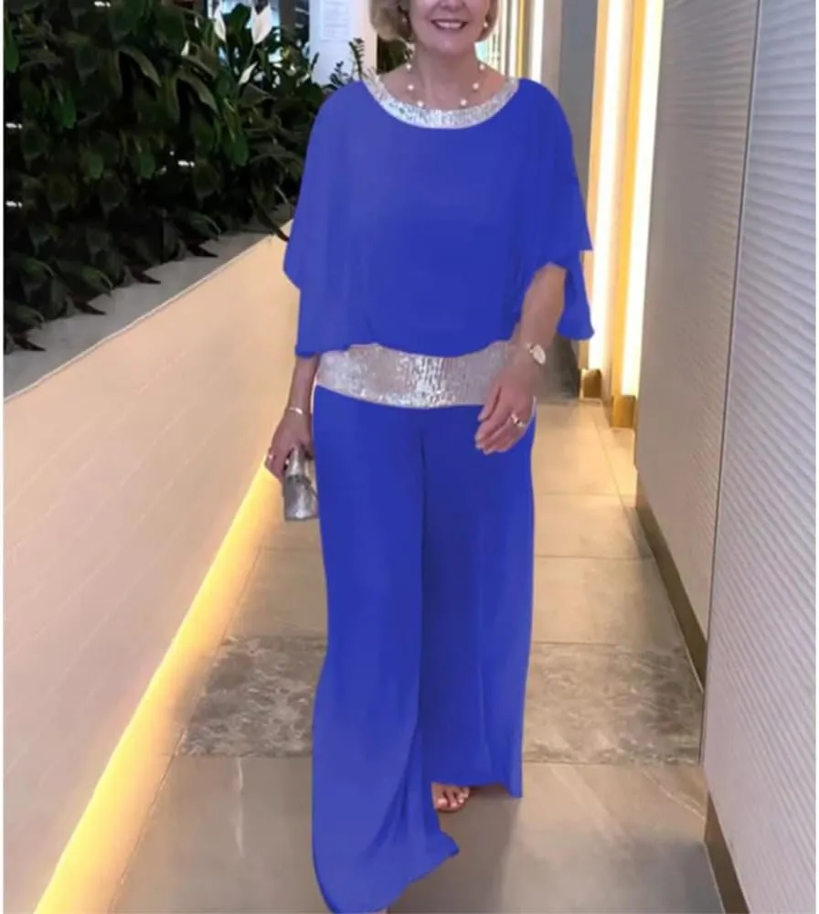 Mother of The Bride Pant Suits Sequin Chiffon 3/4 Sleeve Blouse Wide Leg Pants Suit Wedding Guest Outfit for Women