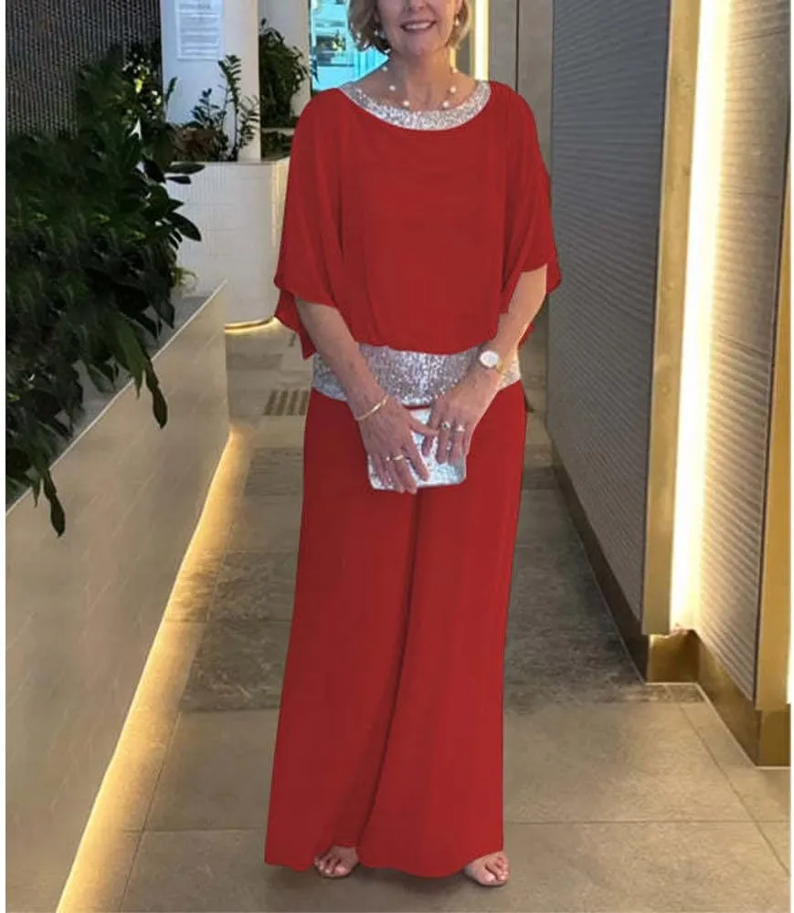 Mother of The Bride Pant Suits Sequin Chiffon 3/4 Sleeve Blouse Wide Leg Pants Suit Wedding Guest Outfit for Women