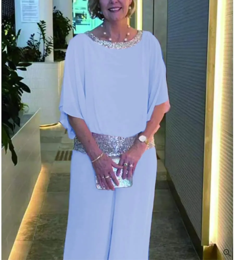 Mother of The Bride Pant Suits Sequin Chiffon 3/4 Sleeve Blouse Wide Leg Pants Suit Wedding Guest Outfit for Women