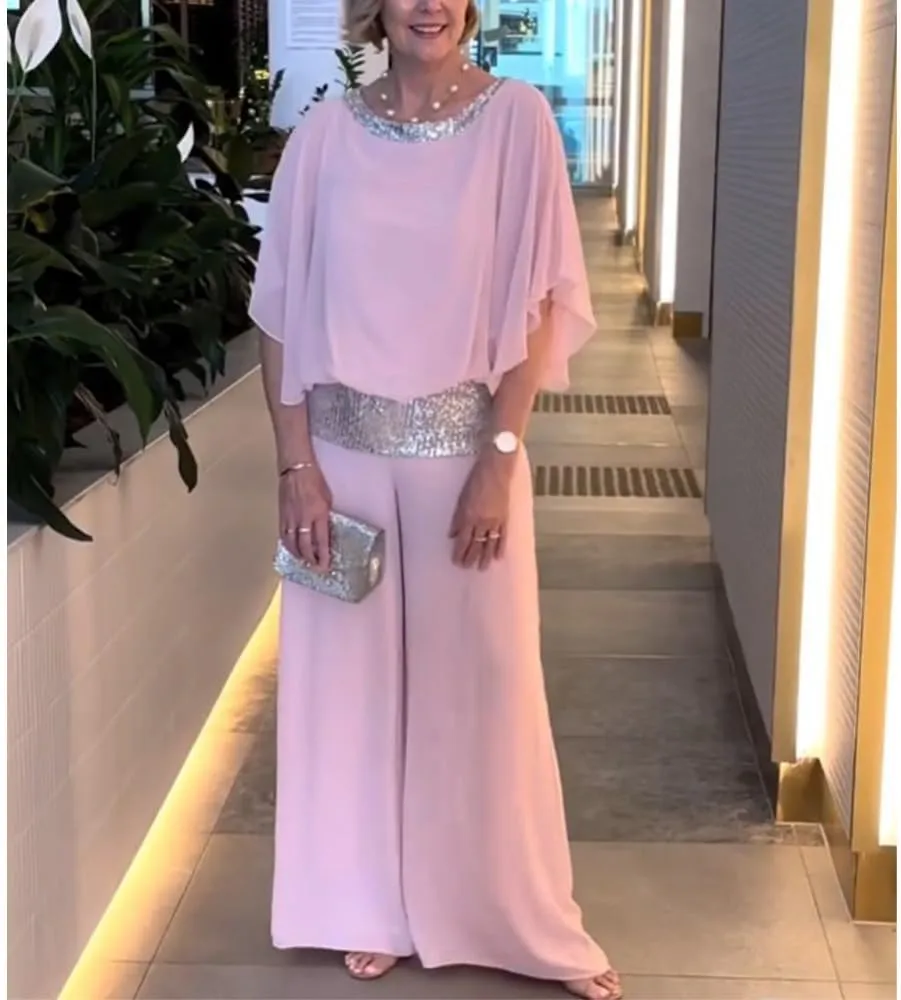 Mother of The Bride Pant Suits Sequin Chiffon 3/4 Sleeve Blouse Wide Leg Pants Suit Wedding Guest Outfit for Women