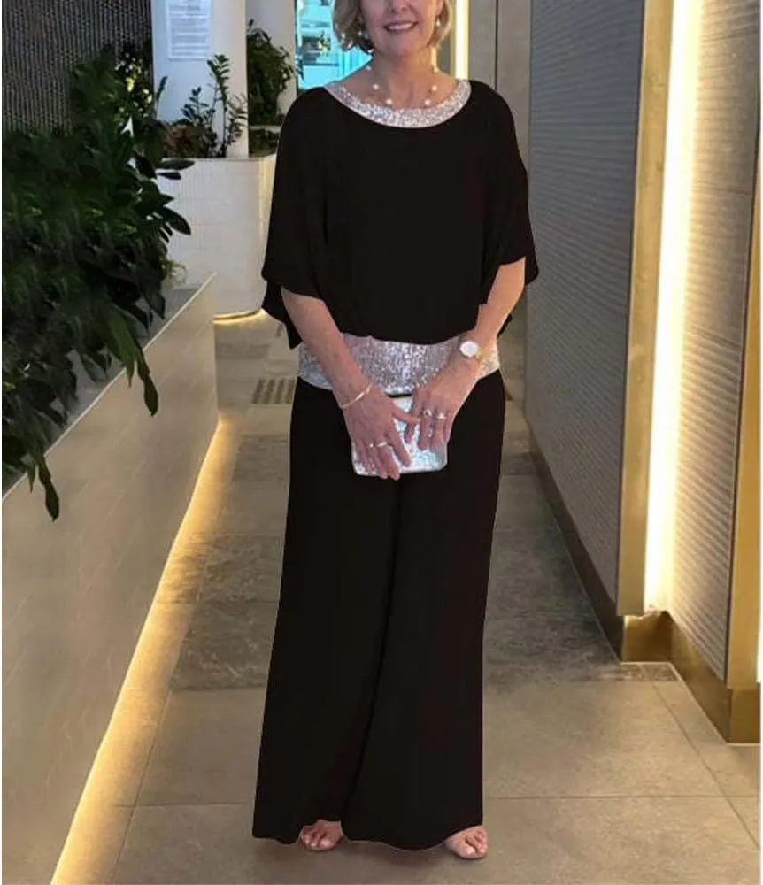 Mother of The Bride Pant Suits Sequin Chiffon 3/4 Sleeve Blouse Wide Leg Pants Suit Wedding Guest Outfit for Women