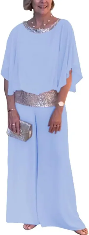 Mother of The Bride Pant Suits Sequin Chiffon 3/4 Sleeve Blouse Wide Leg Pants Suit Wedding Guest Outfit for Women