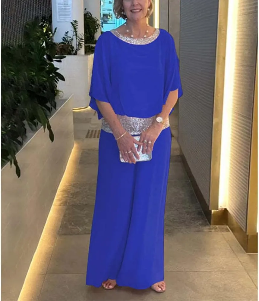 Mother of The Bride Pant Suits Sequin Chiffon 3/4 Sleeve Blouse Wide Leg Pants Suit Wedding Guest Outfit for Women