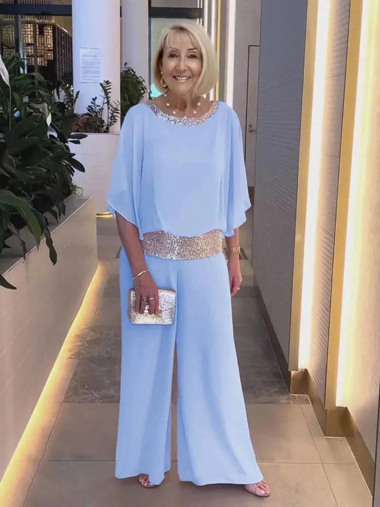 Mother of The Bride Pant Suits Sequin Chiffon 3/4 Sleeve Blouse Wide Leg Pants Suit Wedding Guest Outfit for Women
