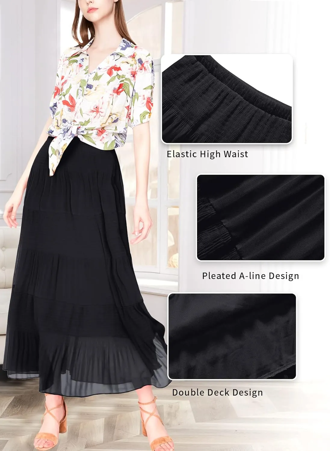 NASHALYLY Women's Chiffon Elastic High Waist Pleated A-Line Flared Maxi Skirts