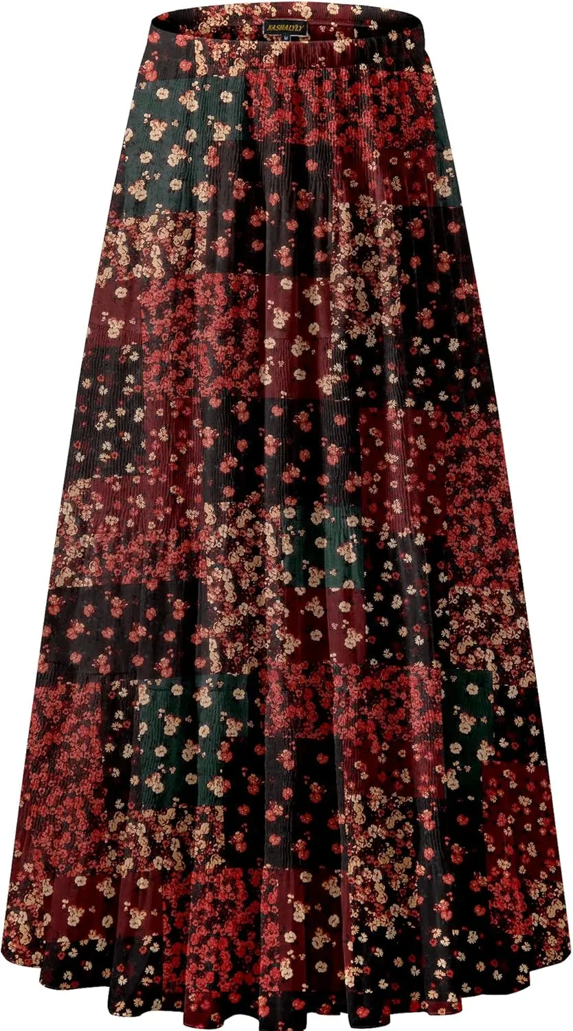 NASHALYLY Women's Chiffon Elastic High Waist Pleated A-Line Flared Maxi Skirts