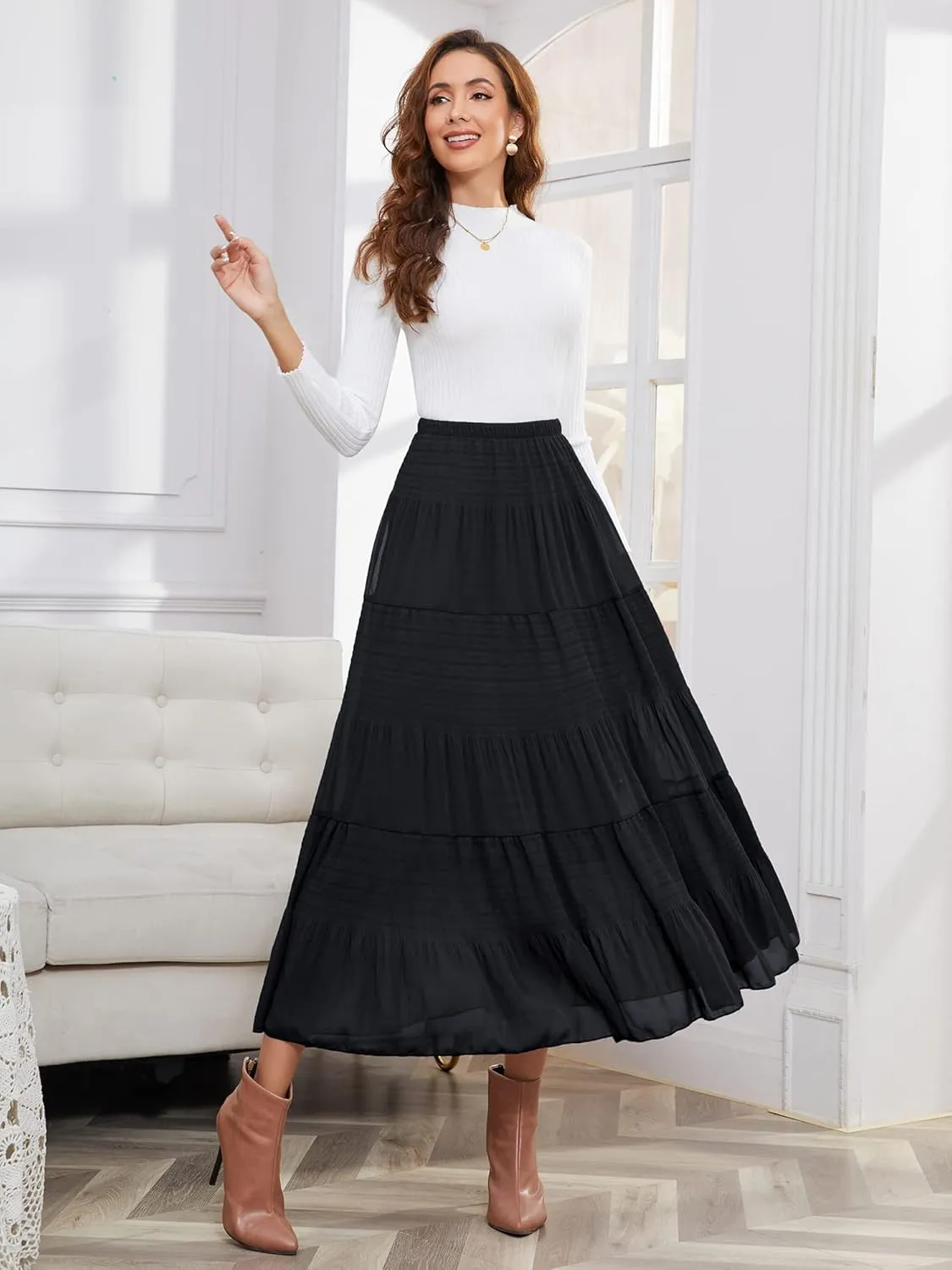 NASHALYLY Women's Chiffon Elastic High Waist Pleated A-Line Flared Maxi Skirts