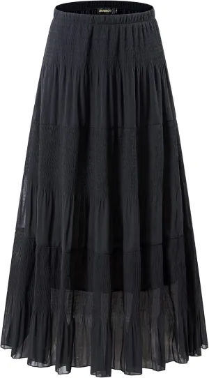 NASHALYLY Women's Chiffon Elastic High Waist Pleated A-Line Flared Maxi Skirts