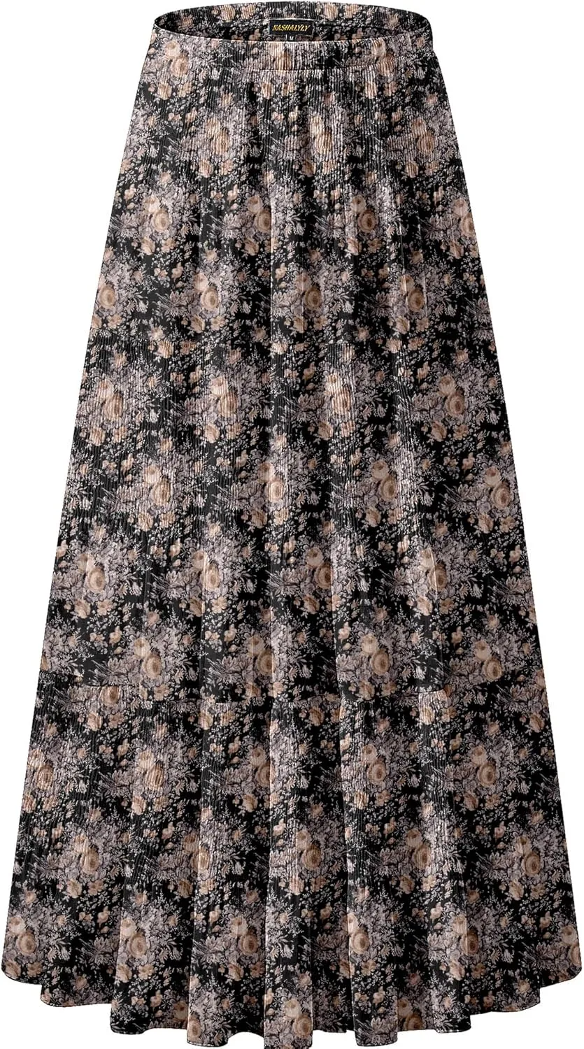 NASHALYLY Women's Chiffon Elastic High Waist Pleated A-Line Flared Maxi Skirts