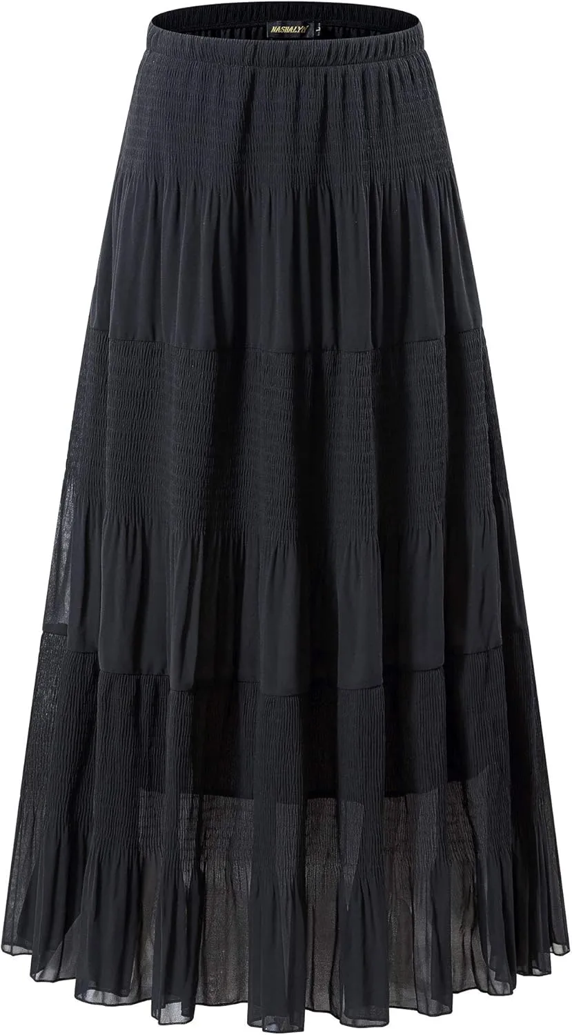 NASHALYLY Women's Chiffon Elastic High Waist Pleated A-Line Flared Maxi Skirts