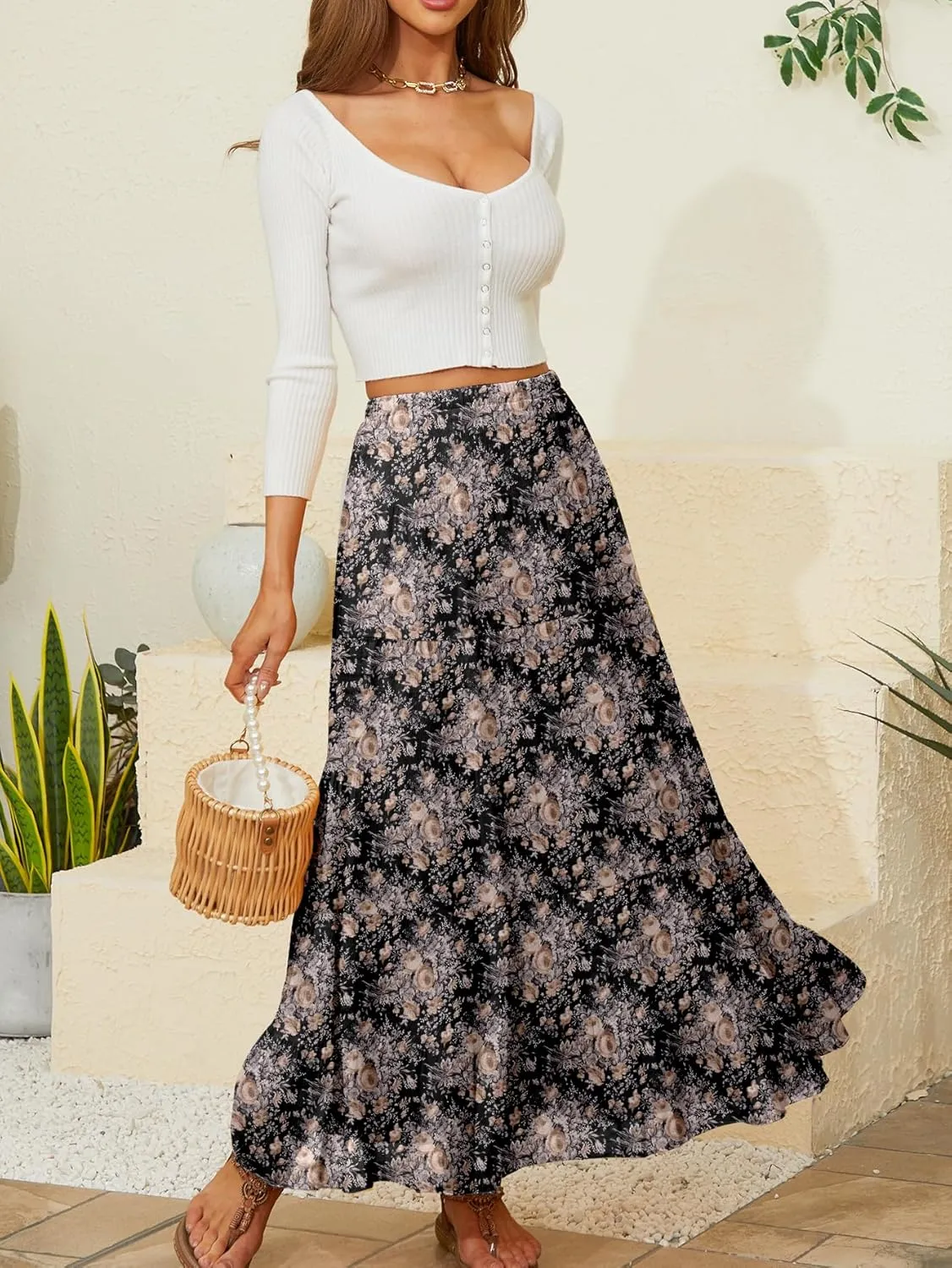 NASHALYLY Women's Chiffon Elastic High Waist Pleated A-Line Flared Maxi Skirts