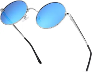 NULOOQ Retro Round Polarized Sunglasses for Women Men Small Metal Frame Circle Hippie Glasses