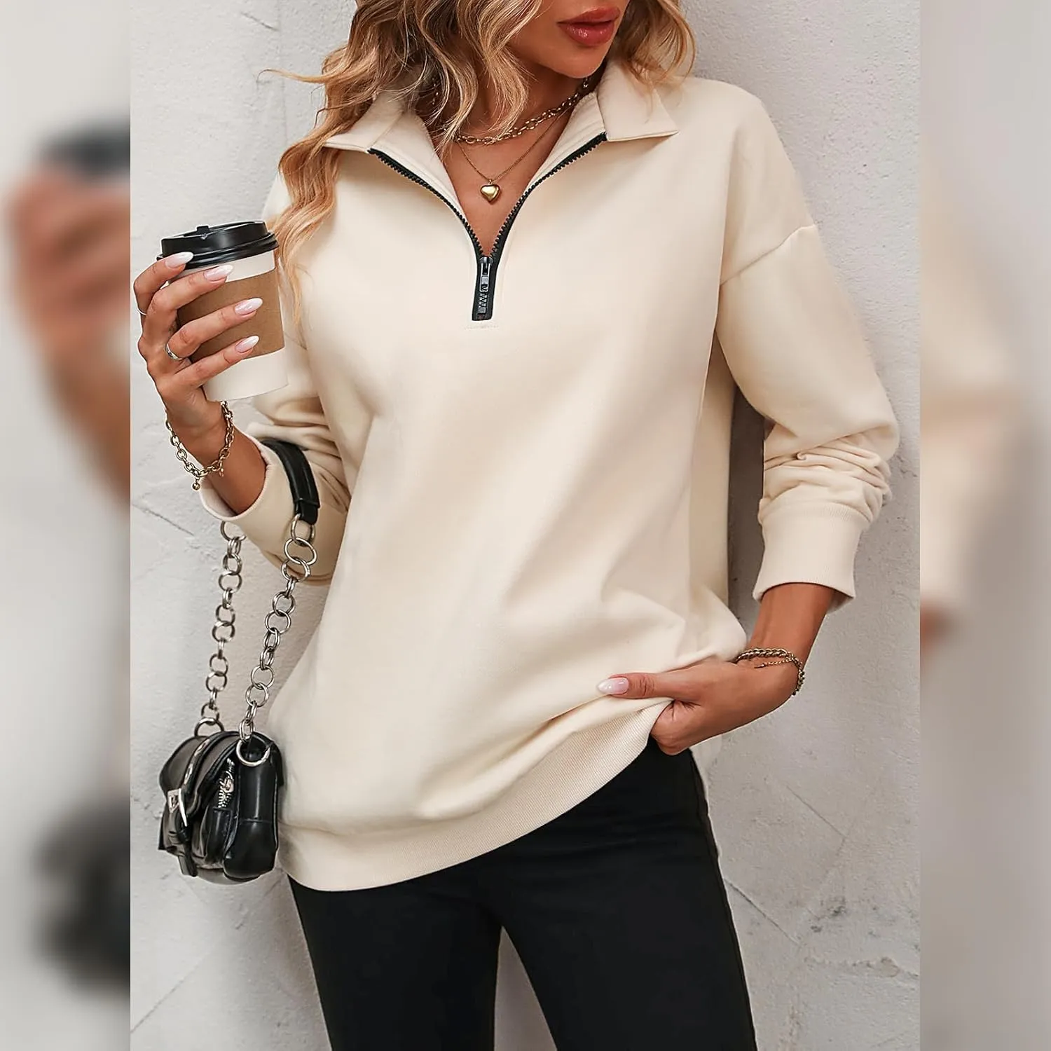 OBEEII Half Zip Sweatshirts for Women, Quarter Zip Long Sleeve Hoodies Sweaters Fleece Pullover Top Fall Winter Clothes