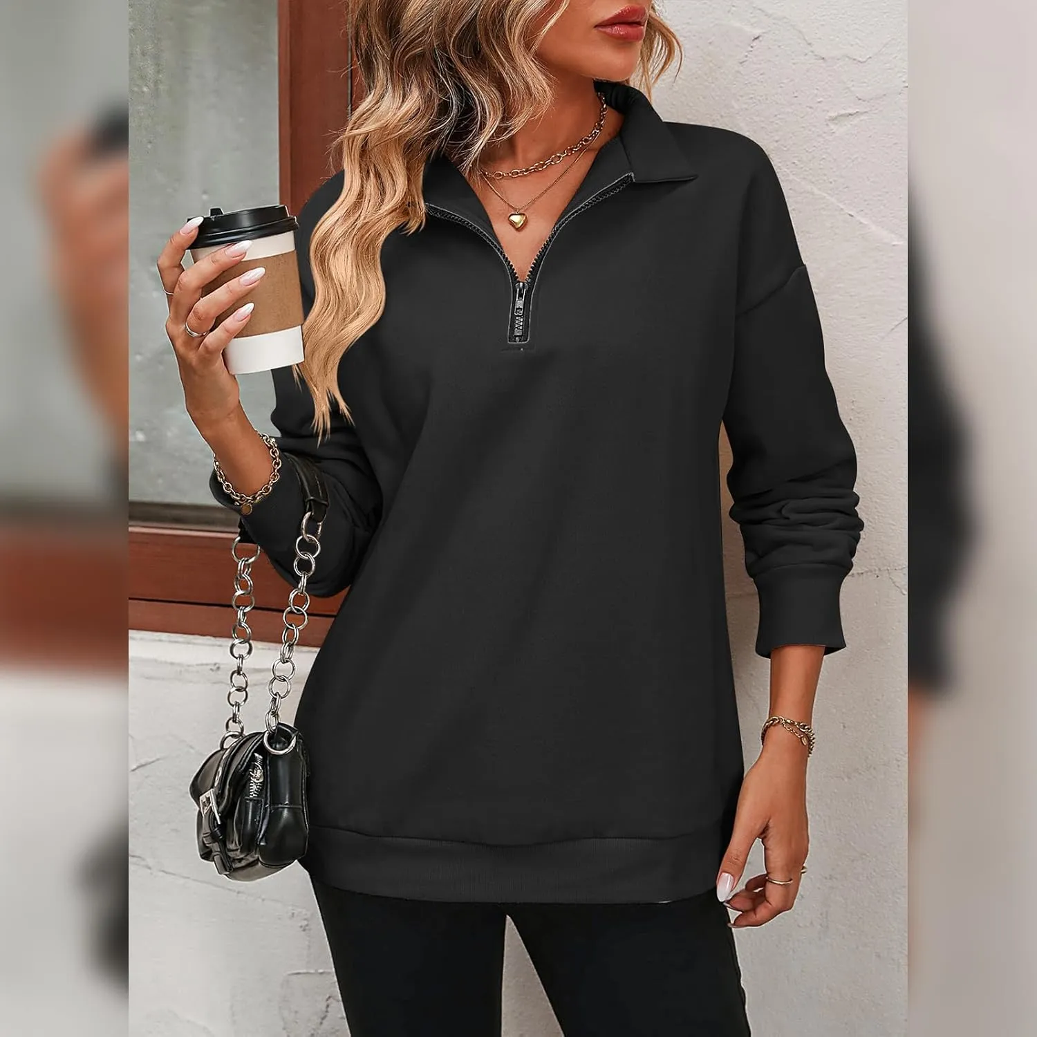 OBEEII Half Zip Sweatshirts for Women, Quarter Zip Long Sleeve Hoodies Sweaters Fleece Pullover Top Fall Winter Clothes