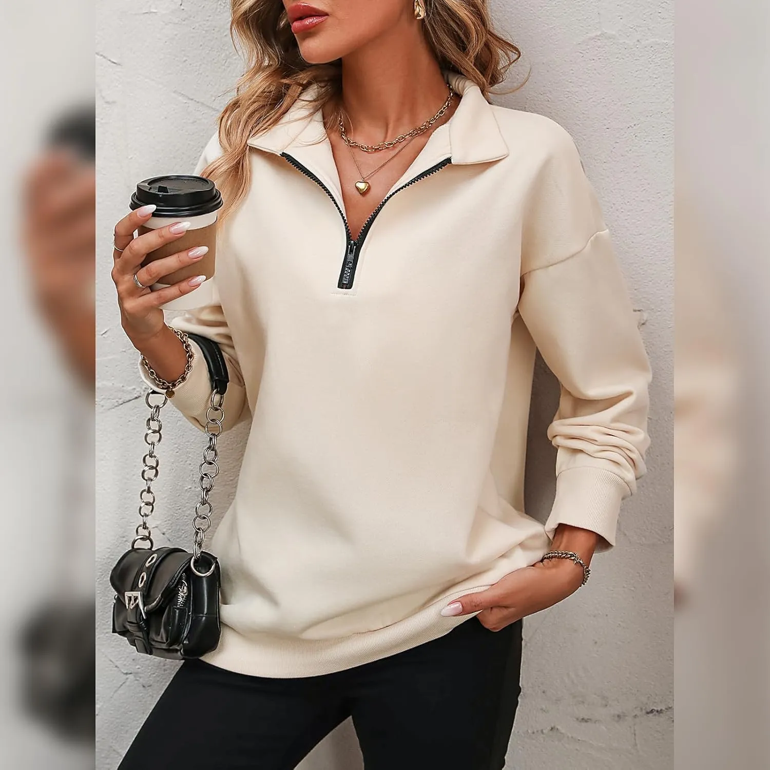 OBEEII Half Zip Sweatshirts for Women, Quarter Zip Long Sleeve Hoodies Sweaters Fleece Pullover Top Fall Winter Clothes