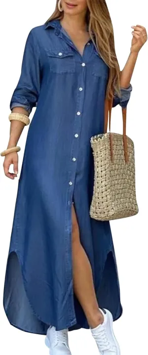 OMZIN Women's Shirts Long Dresses Button Down Vintage Printed Lapel Dress Roll up Long Sleeve Dress