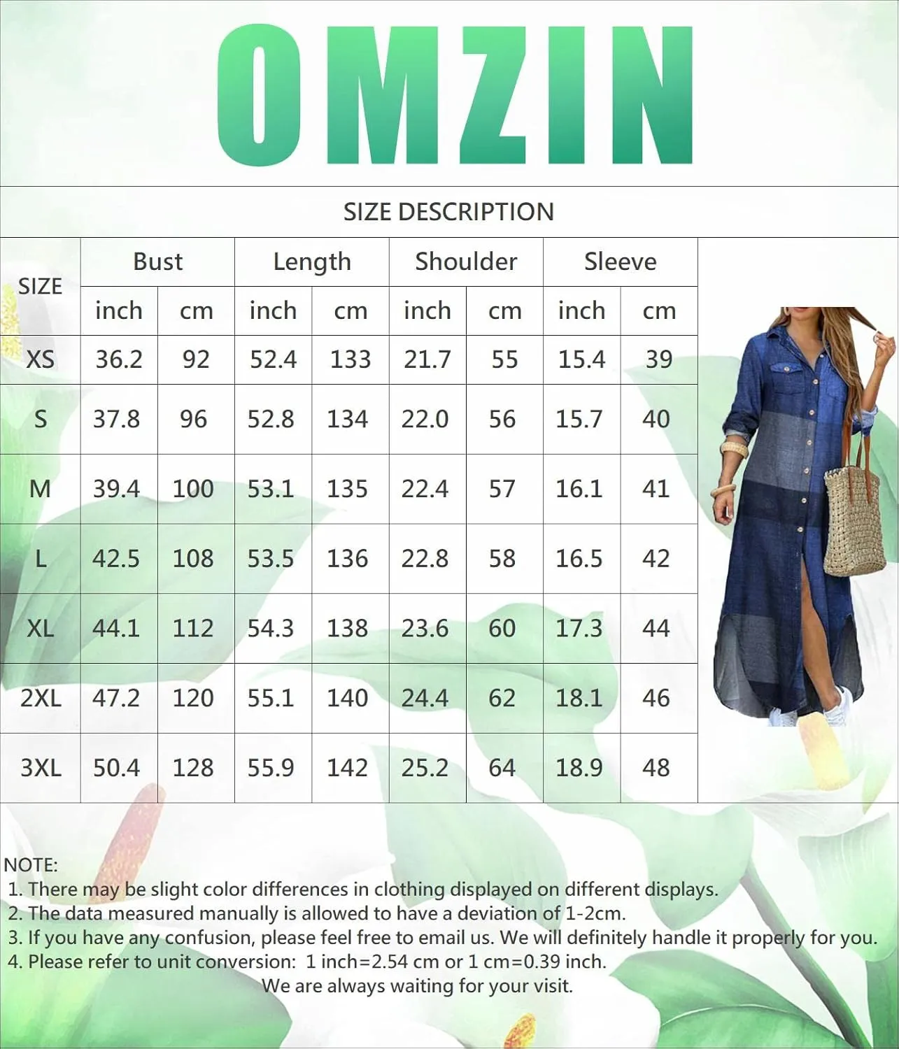OMZIN Women's Shirts Long Dresses Button Down Vintage Printed Lapel Dress Roll up Long Sleeve Dress