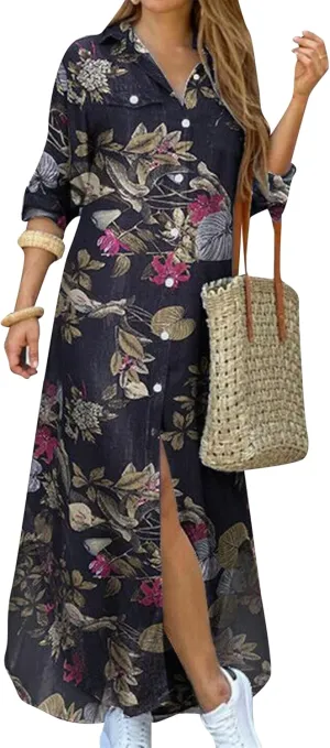 OMZIN Women's Shirts Long Dresses Button Down Vintage Printed Lapel Dress Roll up Long Sleeve Dress