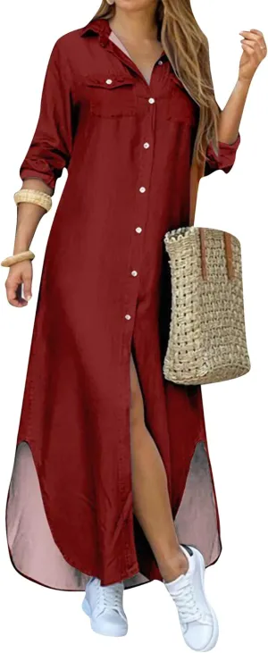 OMZIN Women's Shirts Long Dresses Button Down Vintage Printed Lapel Dress Roll up Long Sleeve Dress