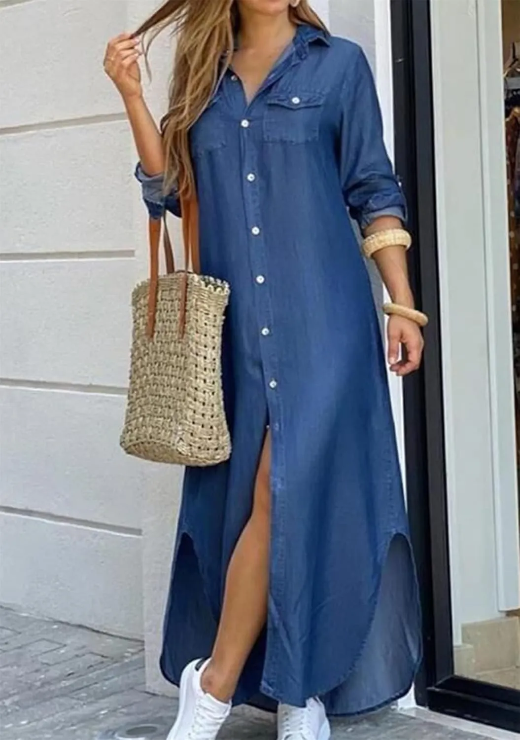 OMZIN Women's Shirts Long Dresses Button Down Vintage Printed Lapel Dress Roll up Long Sleeve Dress