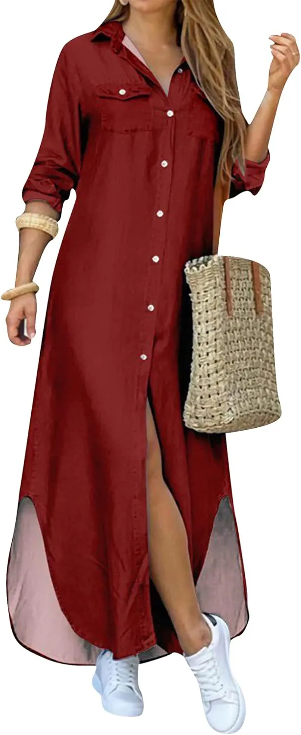 OMZIN Women's Shirts Long Dresses Button Down Vintage Printed Lapel Dress Roll up Long Sleeve Dress