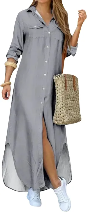 OMZIN Women's Shirts Long Dresses Button Down Vintage Printed Lapel Dress Roll up Long Sleeve Dress