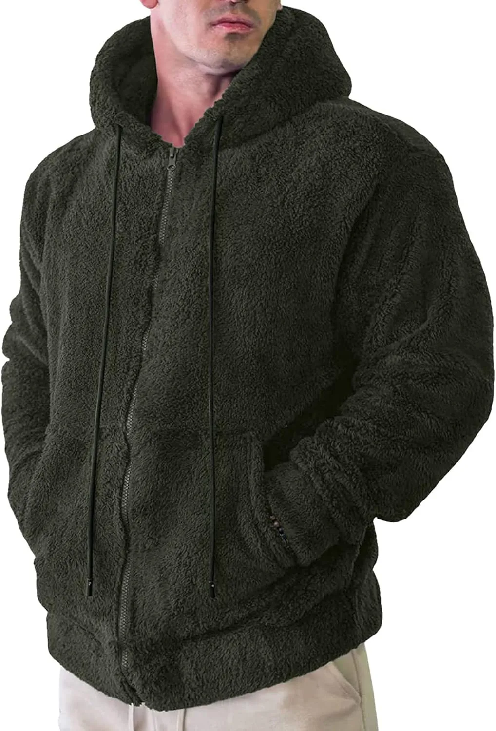 Oversized Fleece Jackets for Men Sherpa Lined Full Zip Loose Hoodies Jacket Long Sleeve Solid Winter Warm Coats with Pockets