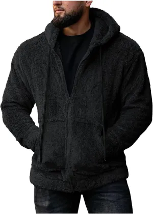 Oversized Fleece Jackets for Men Sherpa Lined Full Zip Loose Hoodies Jacket Long Sleeve Solid Winter Warm Coats with Pockets