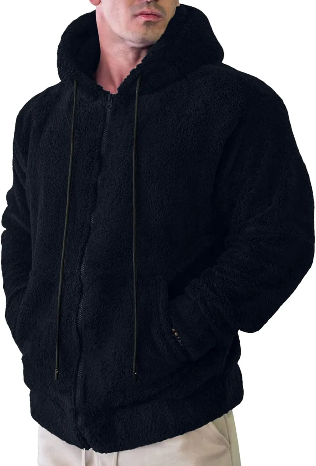 Oversized Fleece Jackets for Men Sherpa Lined Full Zip Loose Hoodies Jacket Long Sleeve Solid Winter Warm Coats with Pockets