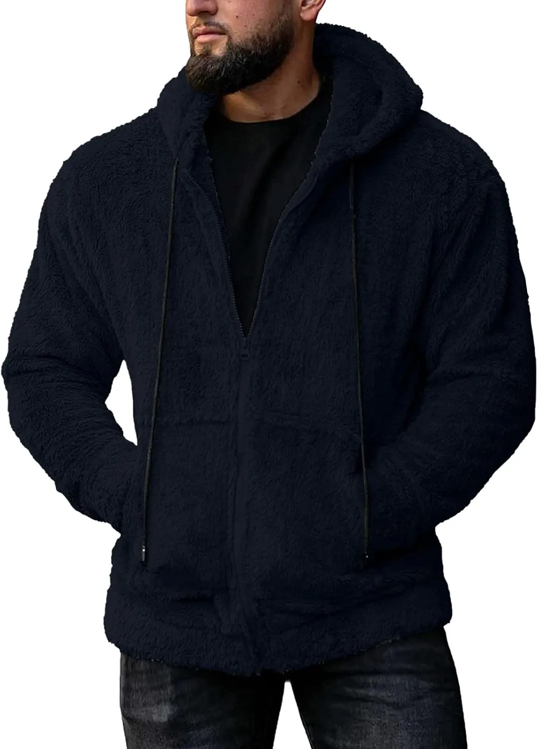 Oversized Fleece Jackets for Men Sherpa Lined Full Zip Loose Hoodies Jacket Long Sleeve Solid Winter Warm Coats with Pockets