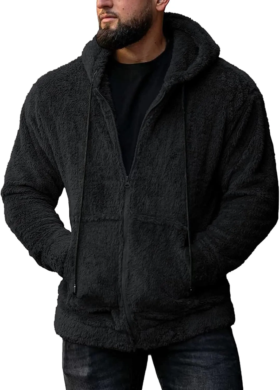 Oversized Fleece Jackets for Men Sherpa Lined Full Zip Loose Hoodies Jacket Long Sleeve Solid Winter Warm Coats with Pockets