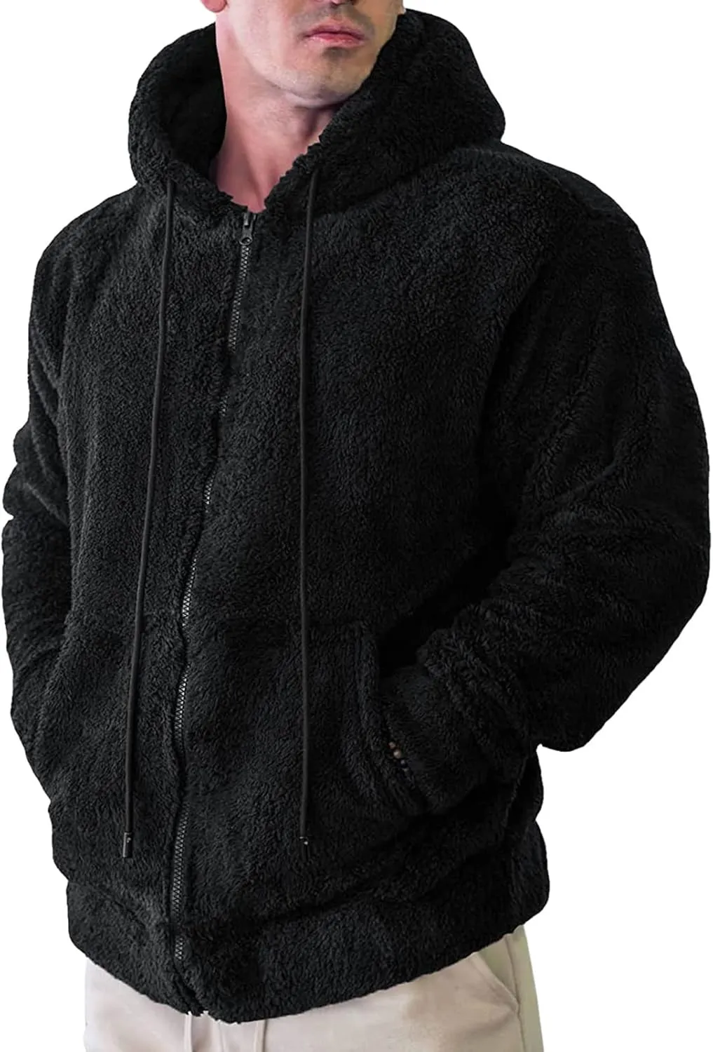 Oversized Fleece Jackets for Men Sherpa Lined Full Zip Loose Hoodies Jacket Long Sleeve Solid Winter Warm Coats with Pockets