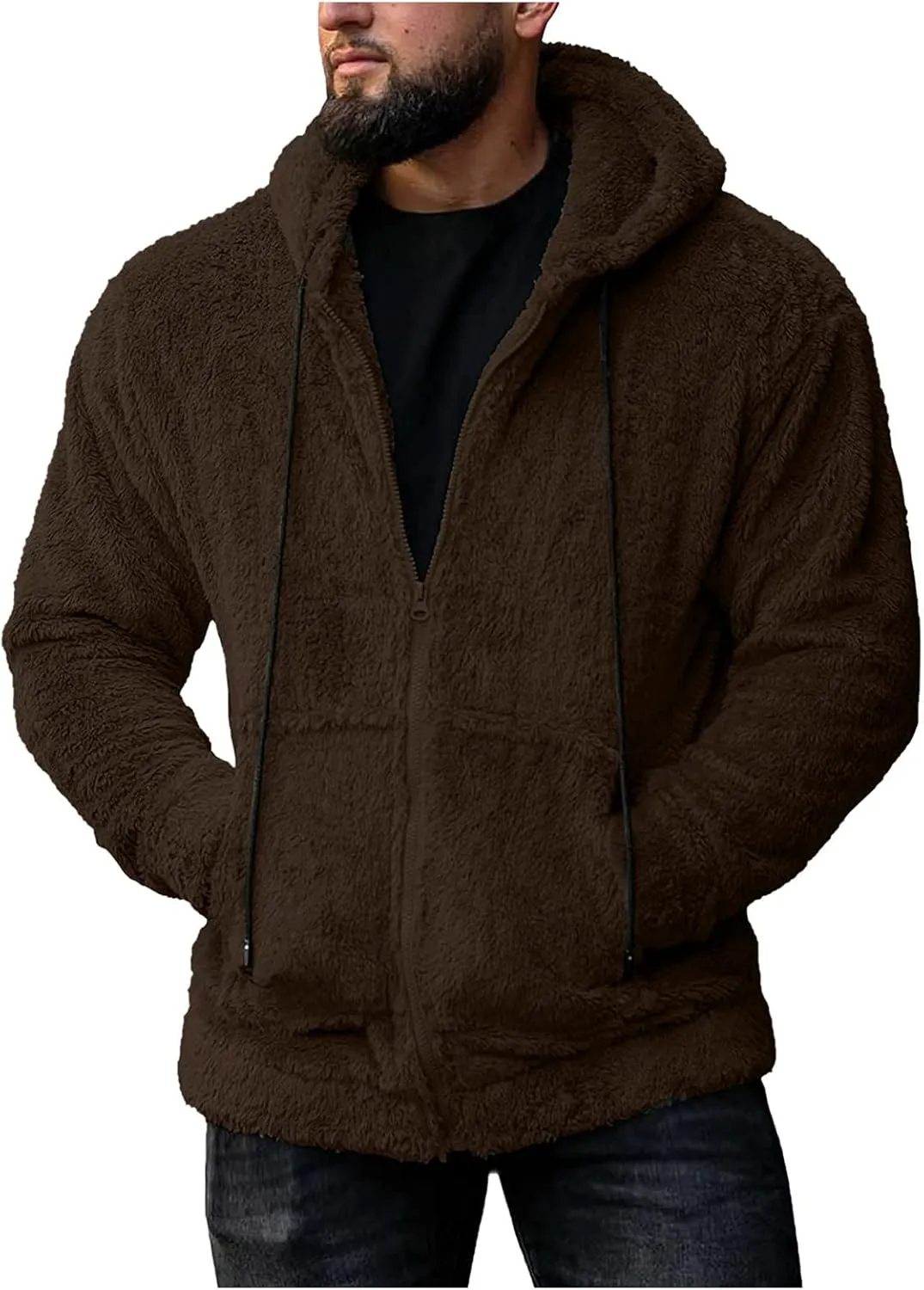 Oversized Fleece Jackets for Men Sherpa Lined Full Zip Loose Hoodies Jacket Long Sleeve Solid Winter Warm Coats with Pockets