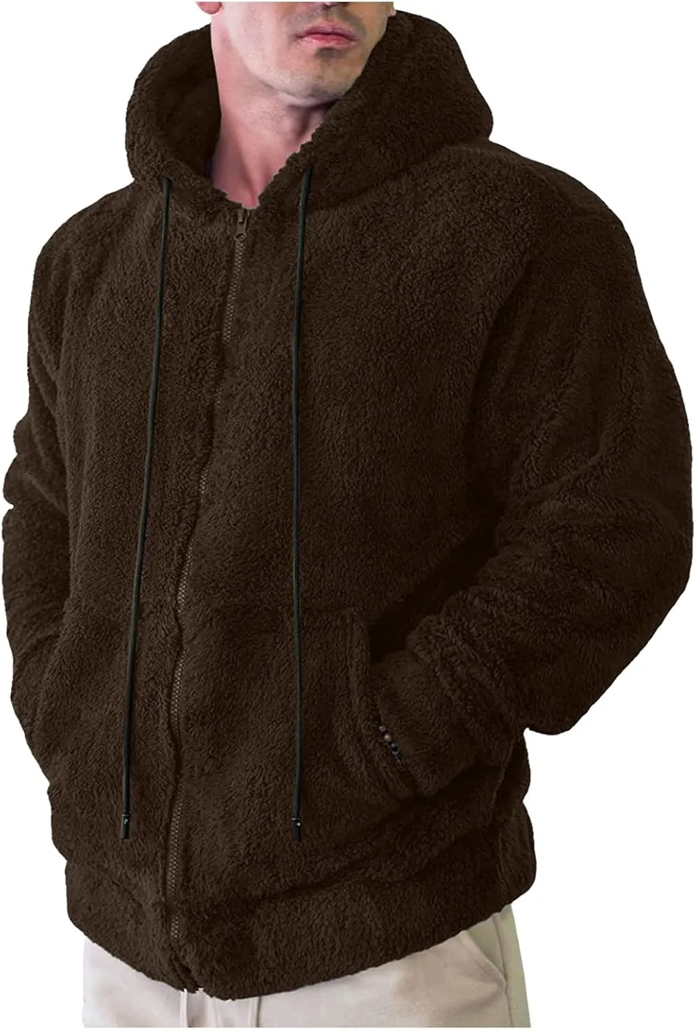 Oversized Fleece Jackets for Men Sherpa Lined Full Zip Loose Hoodies Jacket Long Sleeve Solid Winter Warm Coats with Pockets