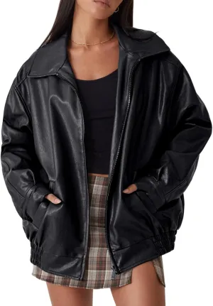 Oversized Leather Jackets for Women Fall Fashion Outfits Faux Leather Motorcycle Bomber Winter Coat Trendy